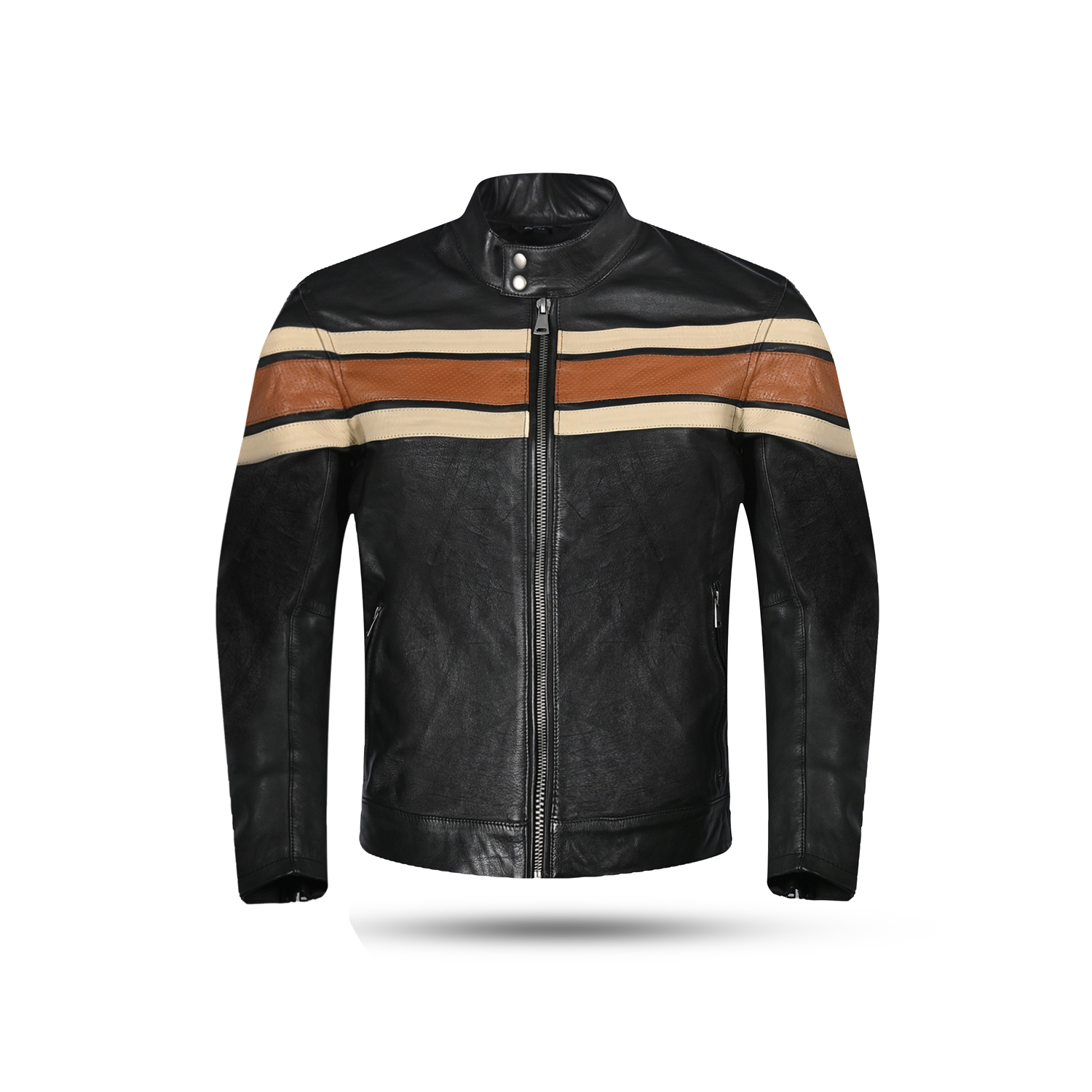 Retro Horizon Leather Cafe Racer Jacket – Classic Black, Brown & Cream image 1