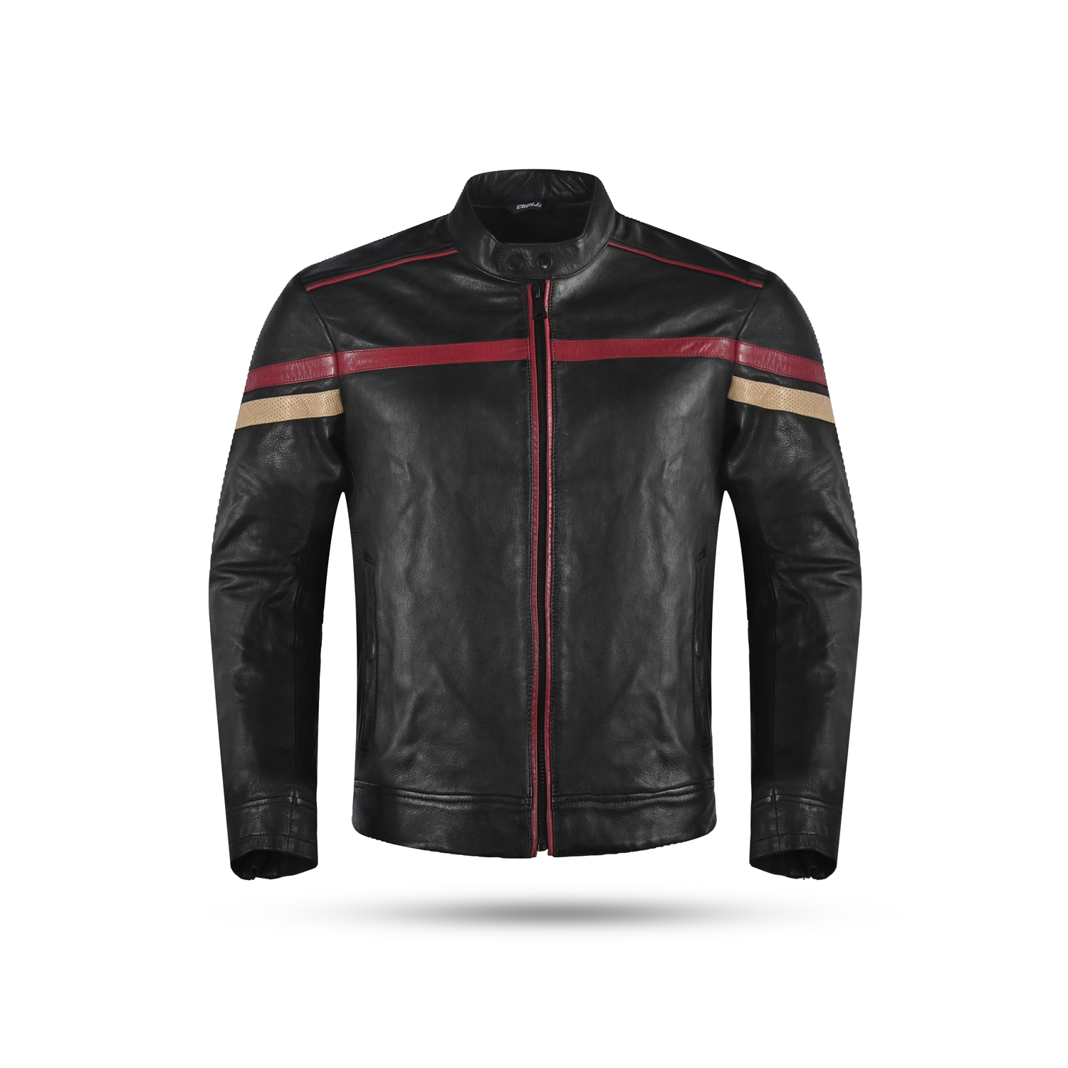 Vintage Stripe Leather Cafe Racer Jacket – Classic Track Style image 1
